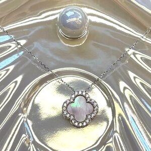 NMP61 High-end PASTEL BLUSH Mother of Pearl Pave Clover Necklace 18K WGold S925